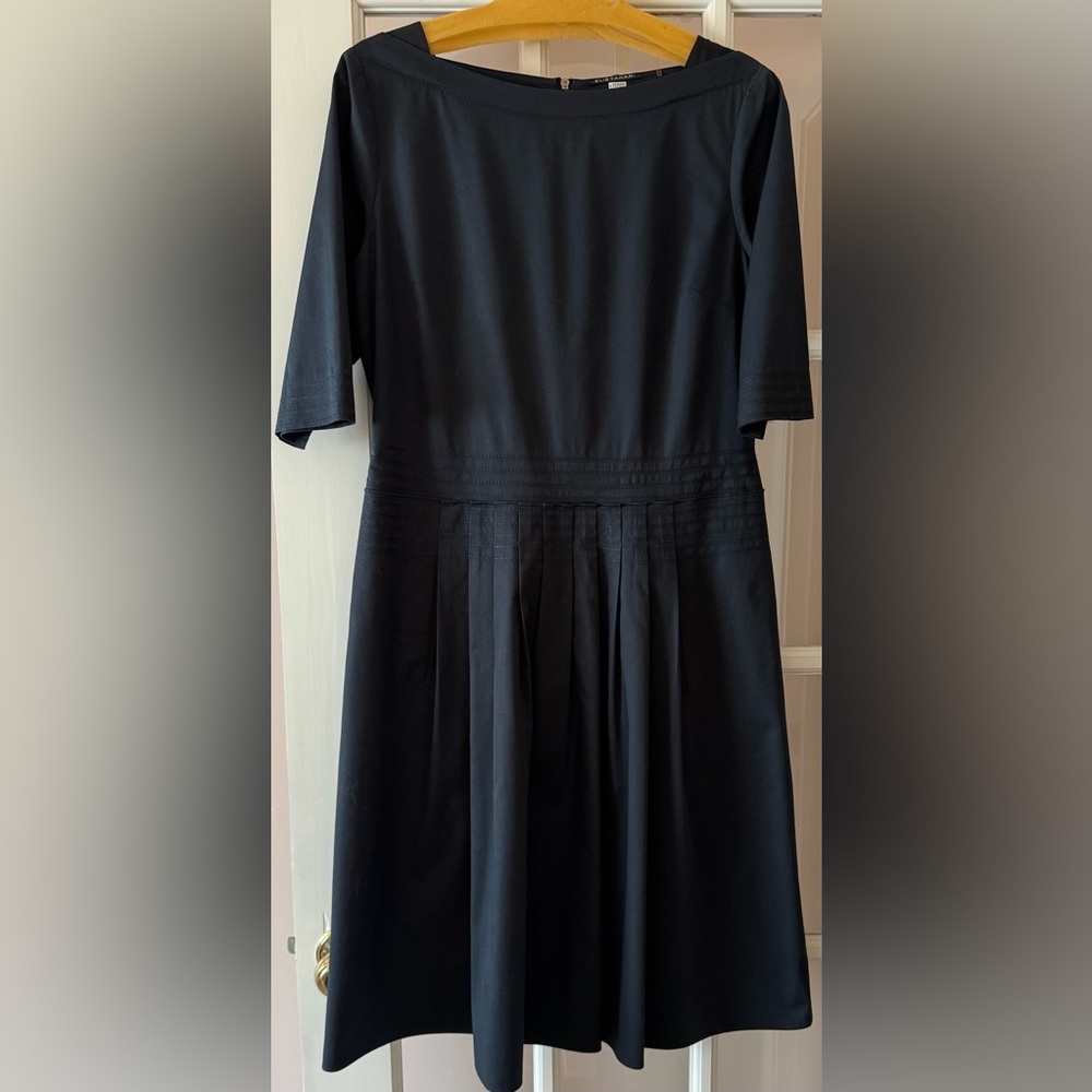 Elie Tahari Navy Blue Pleated A-Line Dress with Pockets!